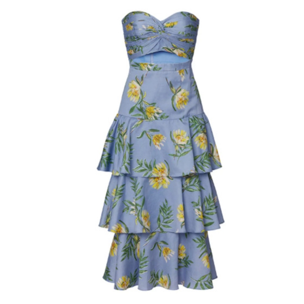 AMUR Roxy Floral Tiered Ruffle Strapless Cutout Midi Dress